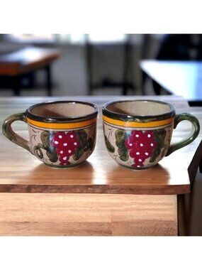 Hand-Painted Talavera Ceramic Coffee Cups With Floral Grapevine Design - Set Of